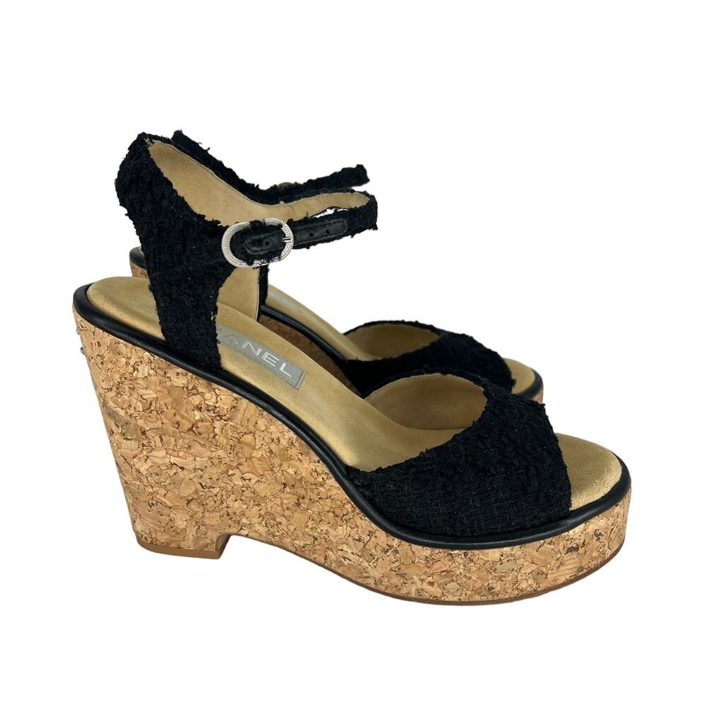 CHANEL Black and Gold Wedge Sandals - Picture 6 of 16